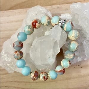 Blue & Red Imperial Jasper Beaded Bracelet Silver Charm